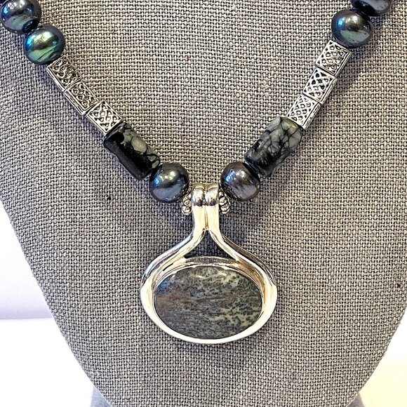 Vintage DENDRITIC AGATE 925 Silver Pendant Necklace Earring Set Parure - Picture 10 of 11